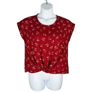 Hippie Rose Blouse Womens Large Red Floral Chiffon Gathered Knotted Front Top